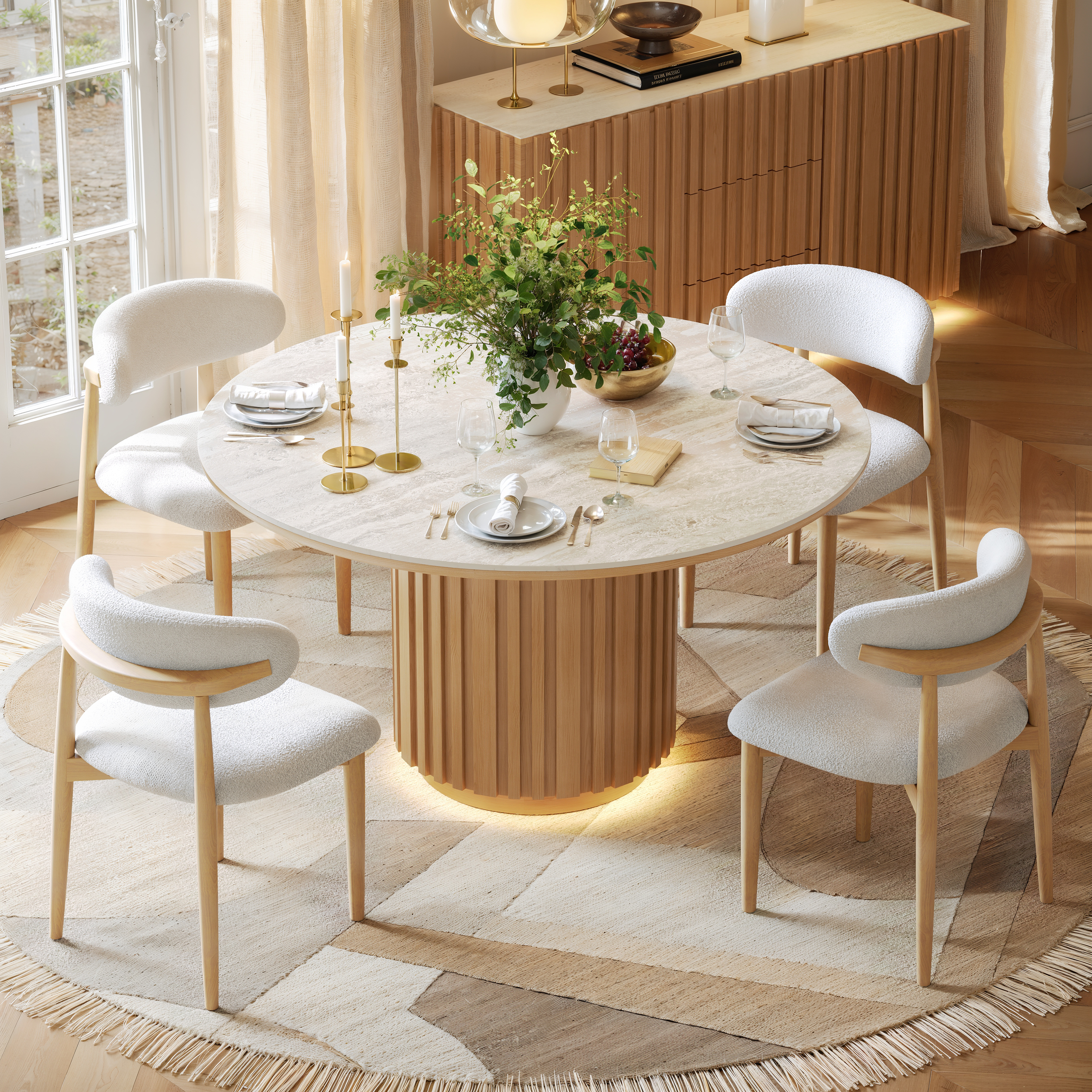 Mesa de comedor redonda Aura de 120 cm con tablero de piedra sinterizada y acabado en travertino sintético