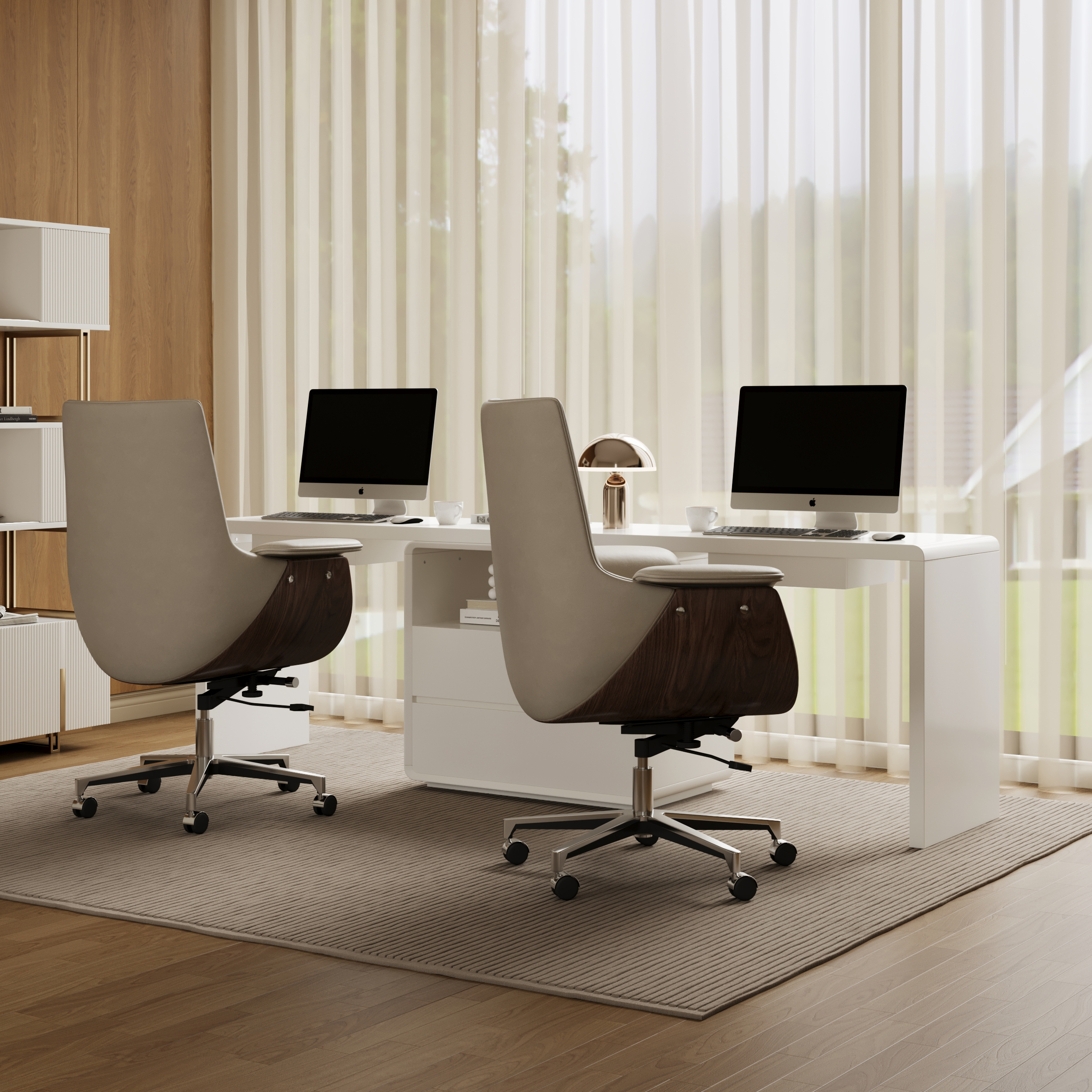 Double bureau blanc avec tiroirs et 2 chaises de bureau modernes en cuir PU ivoire