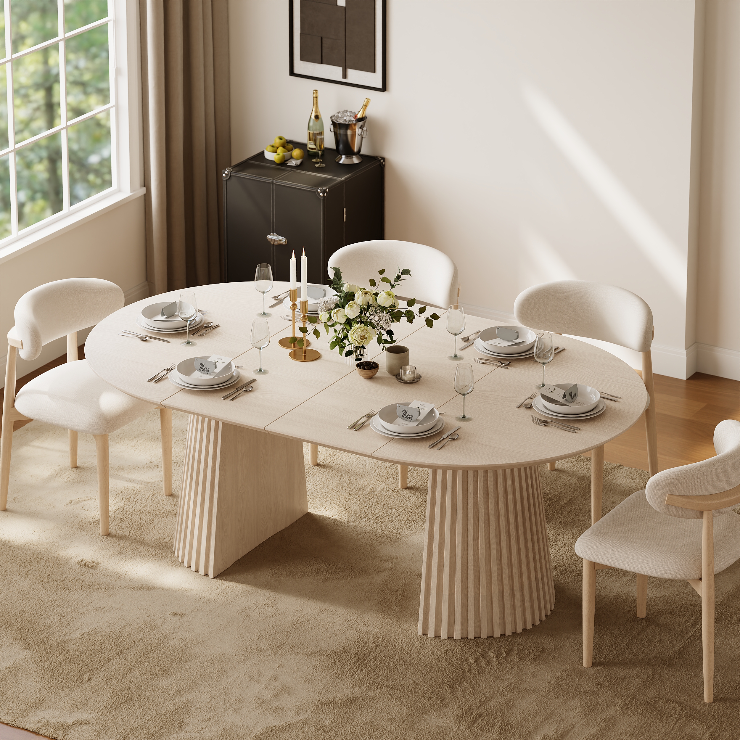 Mesa de comedor redonda a ovalada extensible de 119 cm a 200 cm con base estriada, capacidad para 4-6 personas