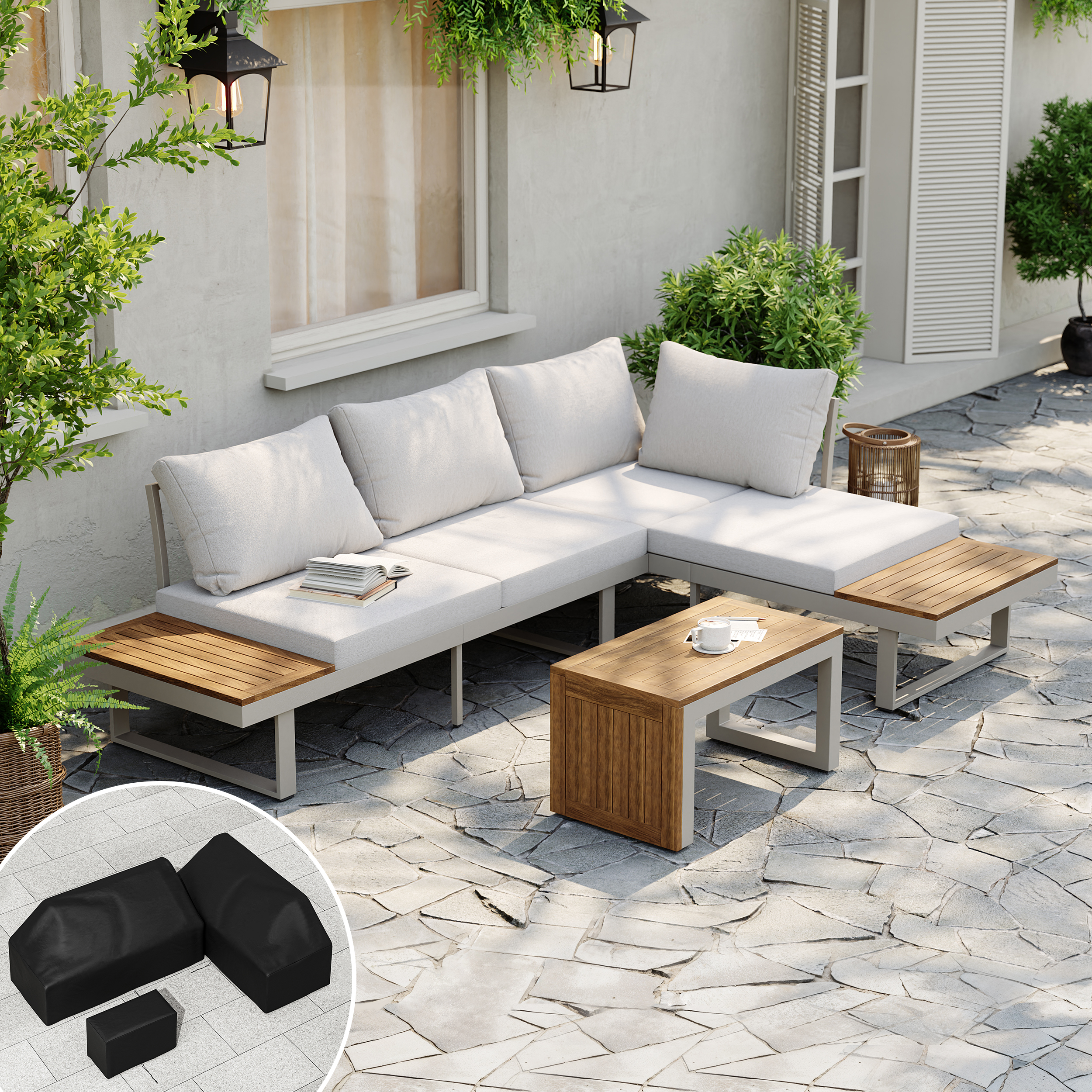 Conjunto de sofá modular de exterior Slatera de acacia y aluminio en gris claro con funda negra