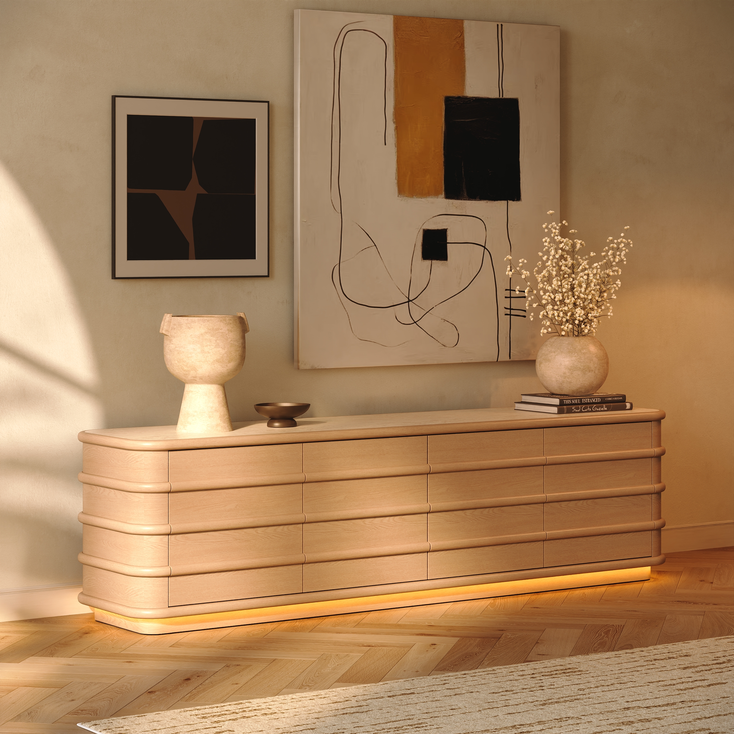 80-inch Ash Wood TV Stand with Sintered Stone Top