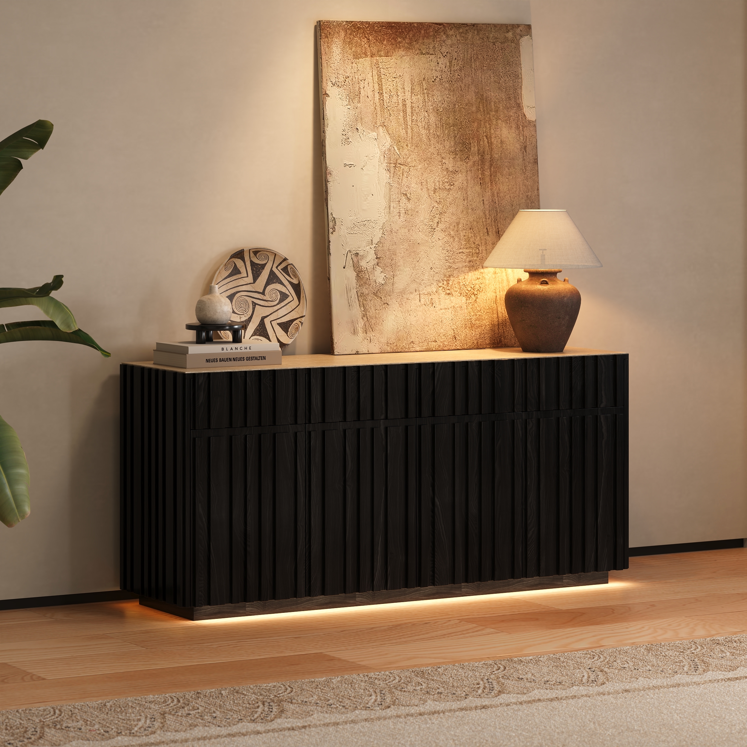 Aura 65" Ash Wood Slatted Black TV Stand with Sintered Stone Top