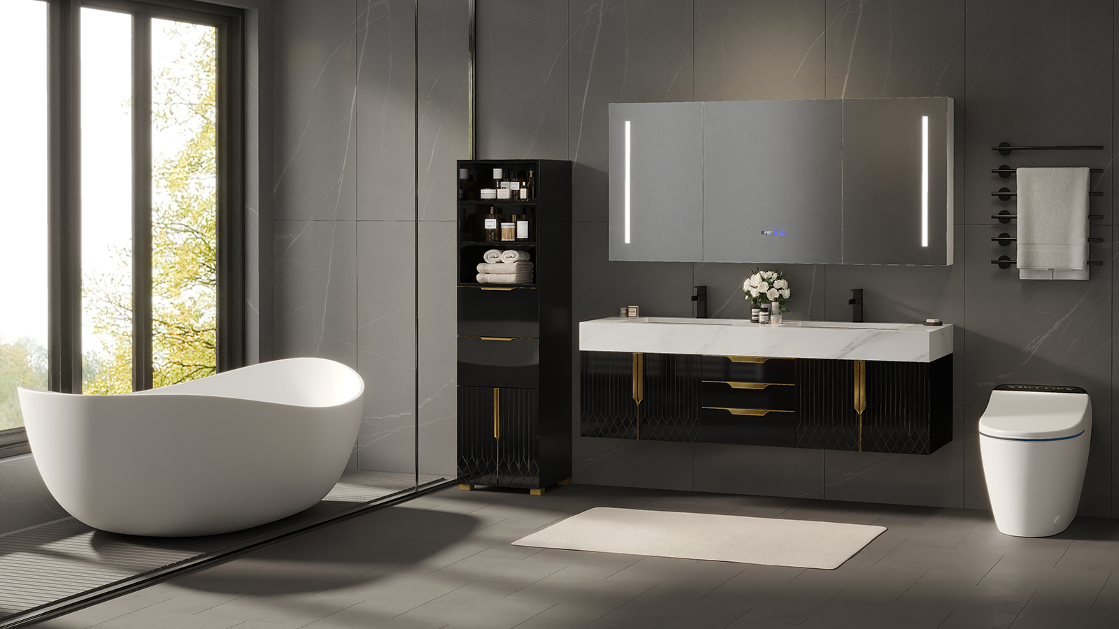 Armoire de salle de bain Aro 149 cm avec étagères, tiroirs et portes image de vente