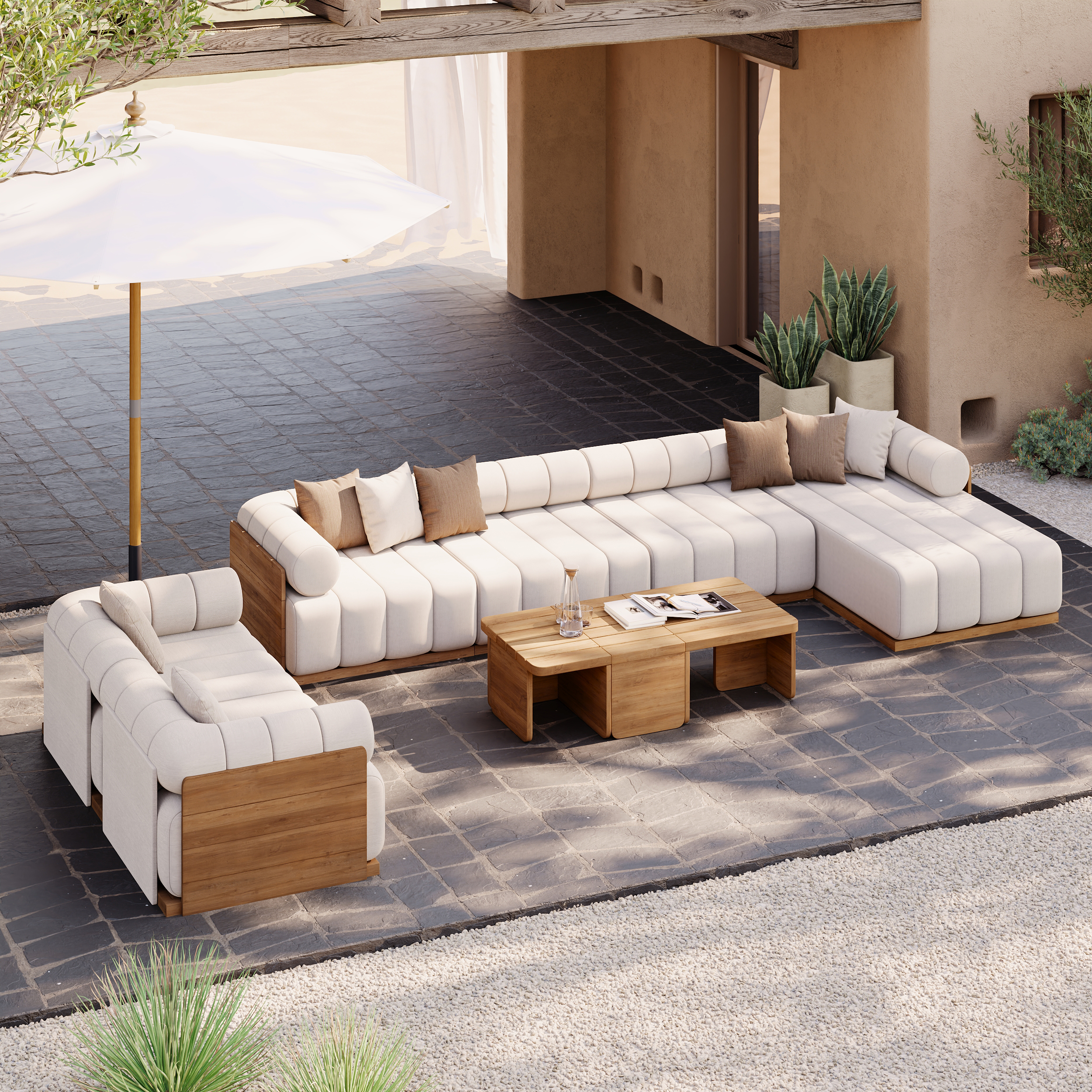 Conjunto de sofá modular de teca natural para exteriores de 9 piezas con diseño estriado Resaro
