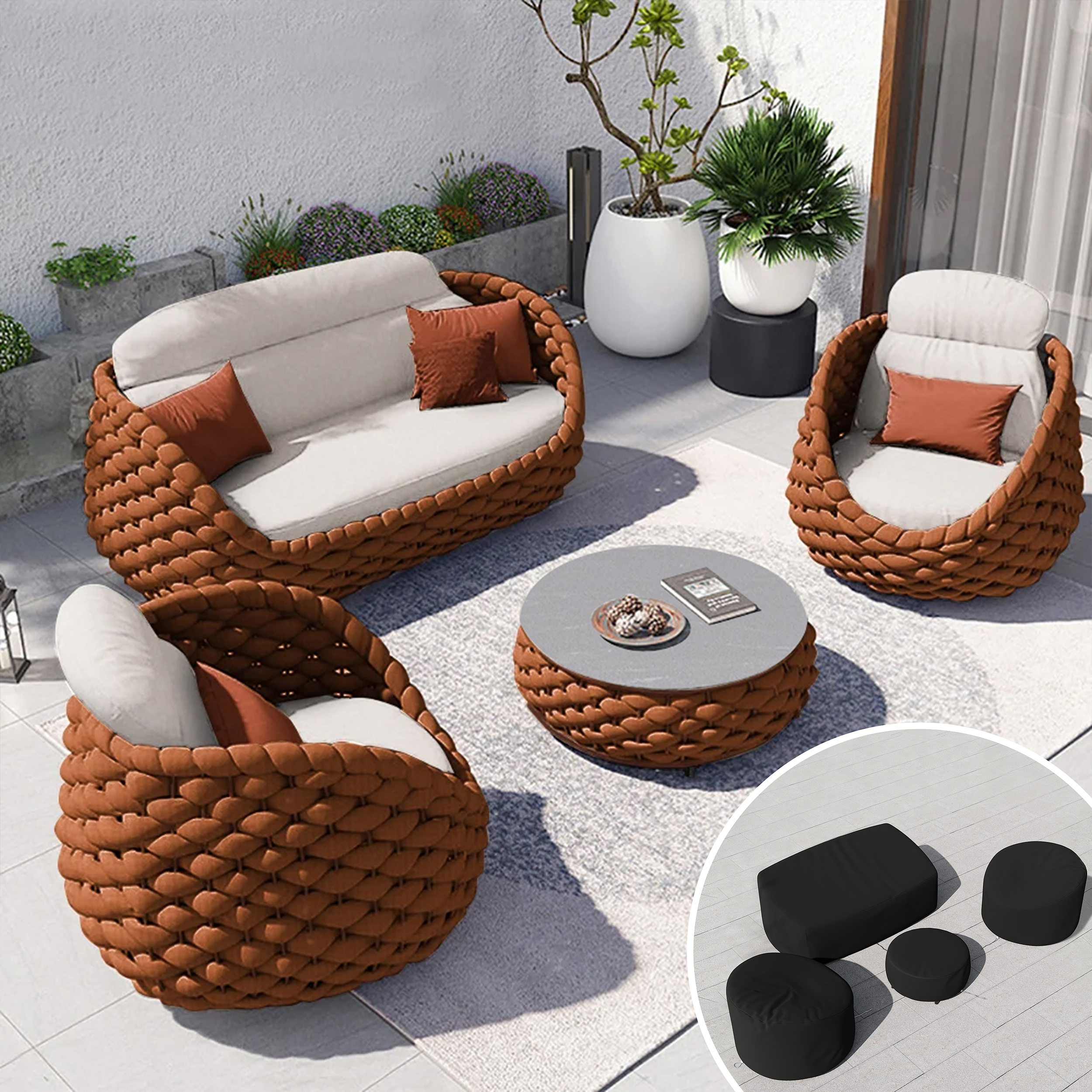 Conjunto de sofá de 8 piezas para exteriores de tejido de cuerda Cocaro con funda negra en color naranja