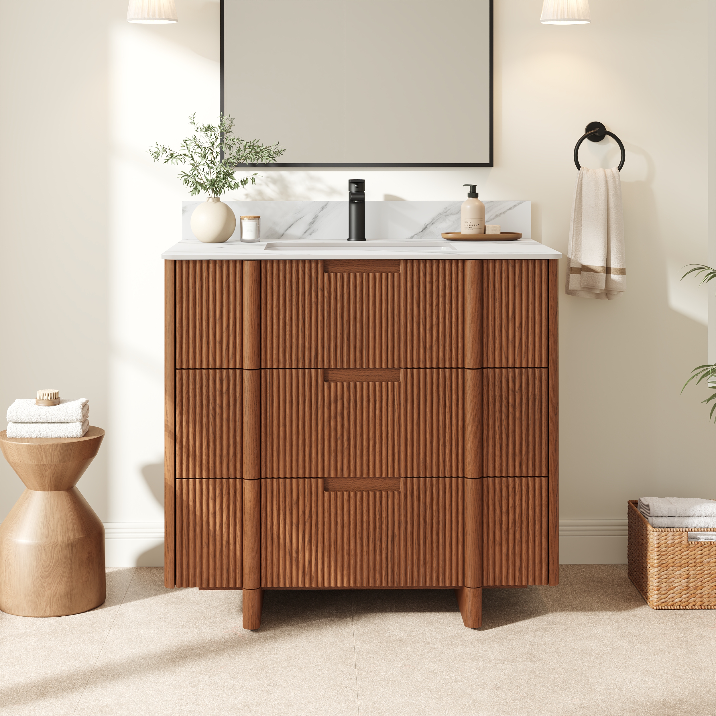 Tocador de baño individual acanalado de 92 cm con lavabo y encimera de piedra sinterizada