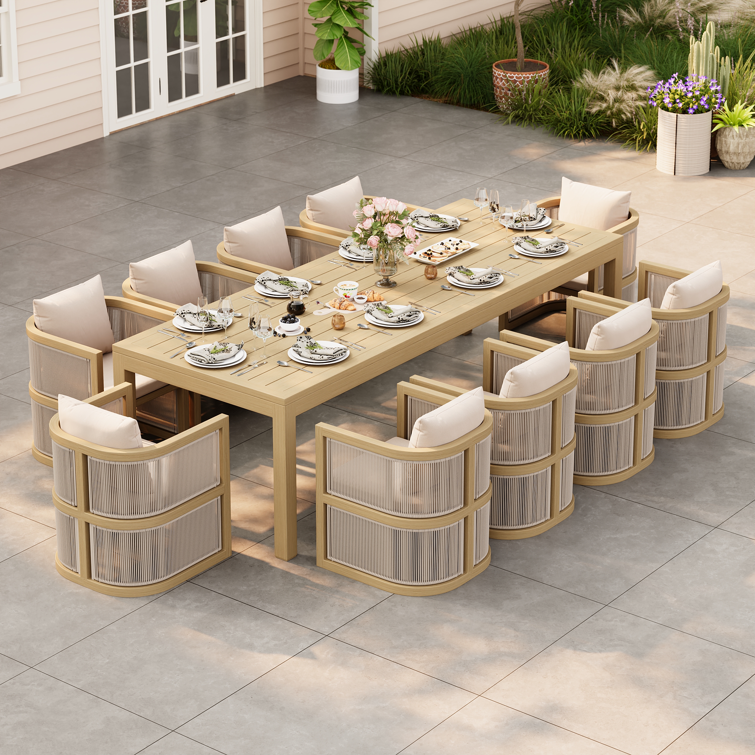 Wevara 11-Piece Outdoor Rope Weave Dining Set with 10 Chairs in Natural