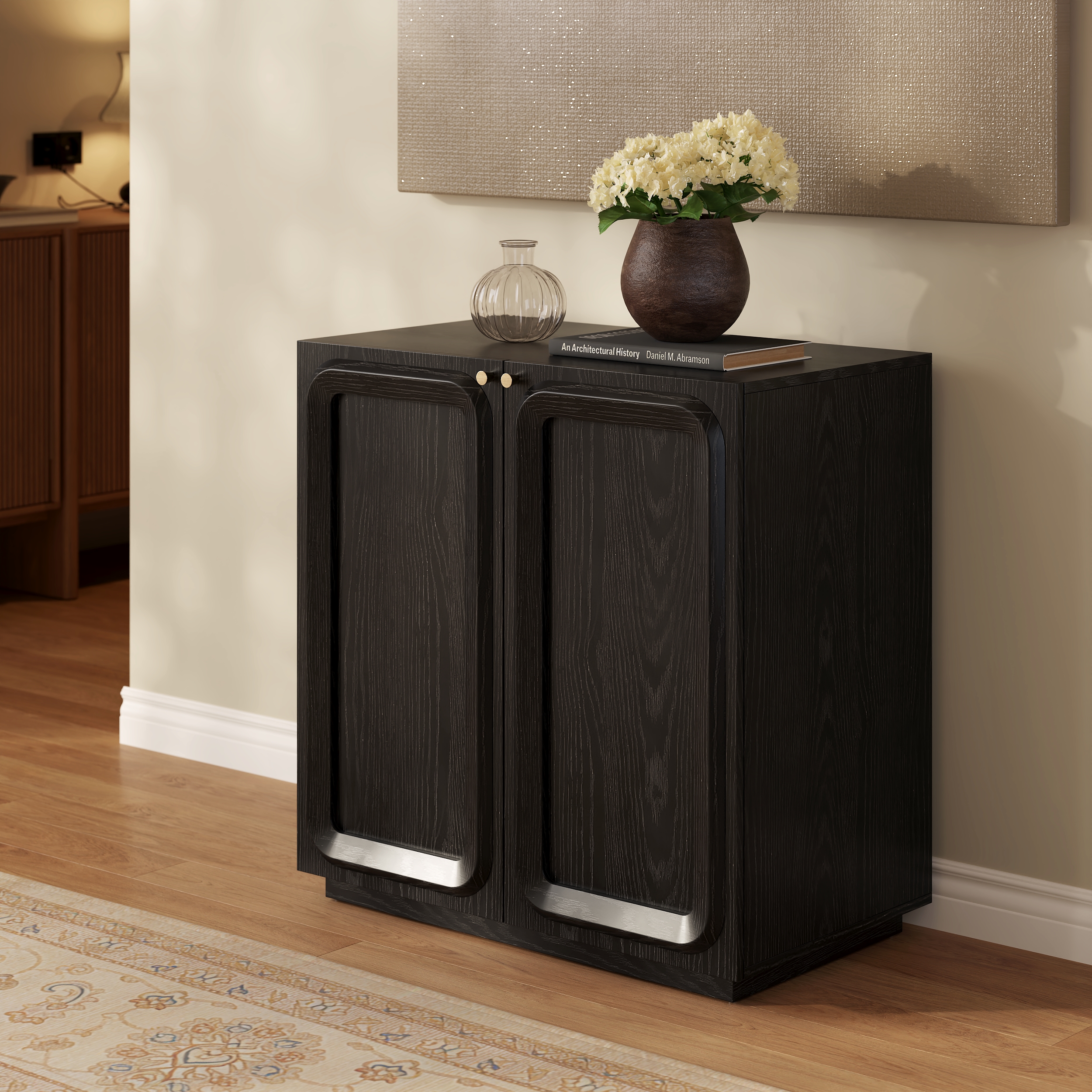 Mueble de TV de chapa de madera de fresno de 78,7 cm con puertas de madera y almacenamiento