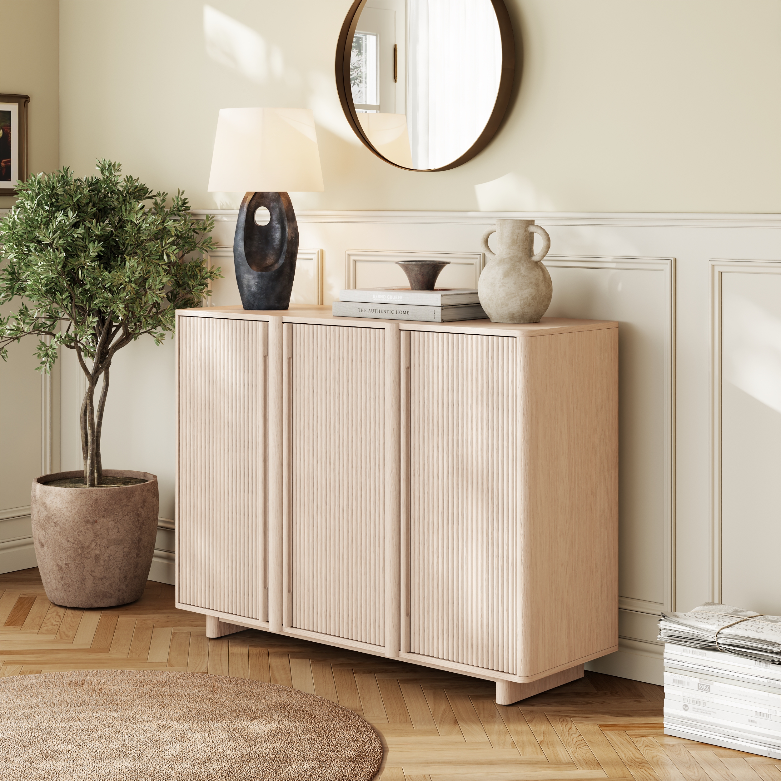 Lineva 48" Ash Wood Veneer Shoe Storage Fluted Entryway Cabinet