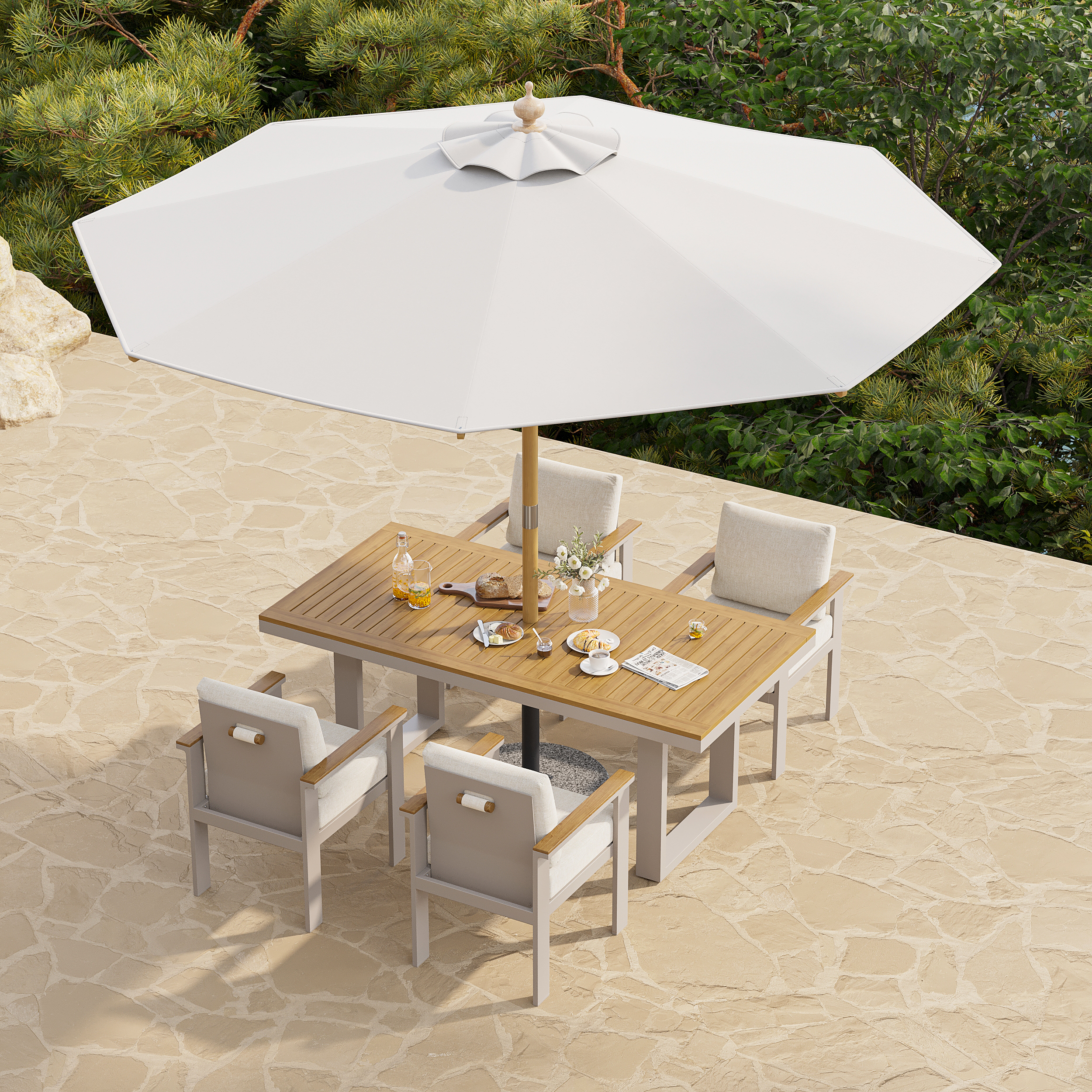 Tevara 6-Piece Rectangular Wood and Aluminium Outdoor Dining Set with Pillar Umbrella