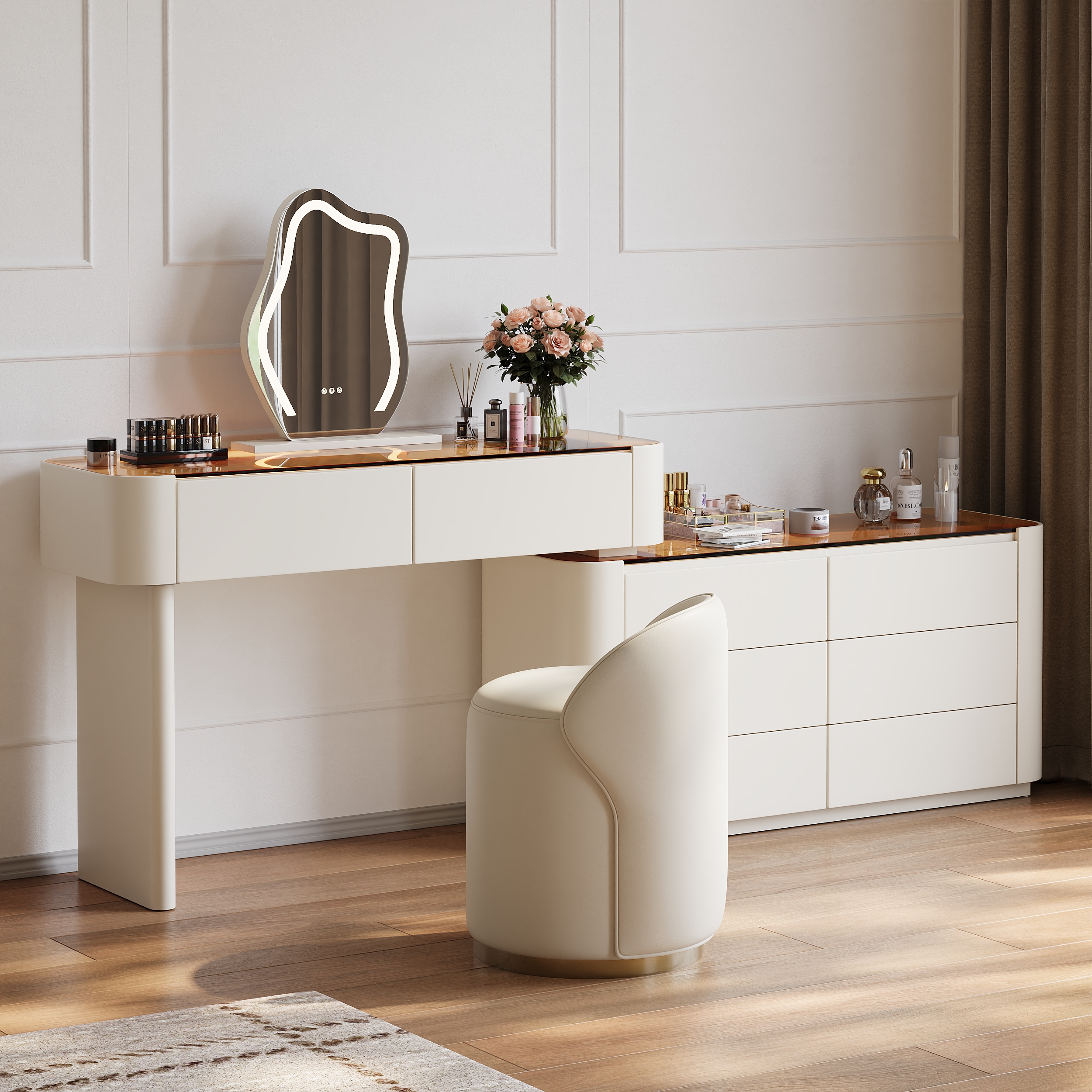 Modern Extendable Makeup Vanity Set Dresser Vanity with Mirror & Light (53"â87")