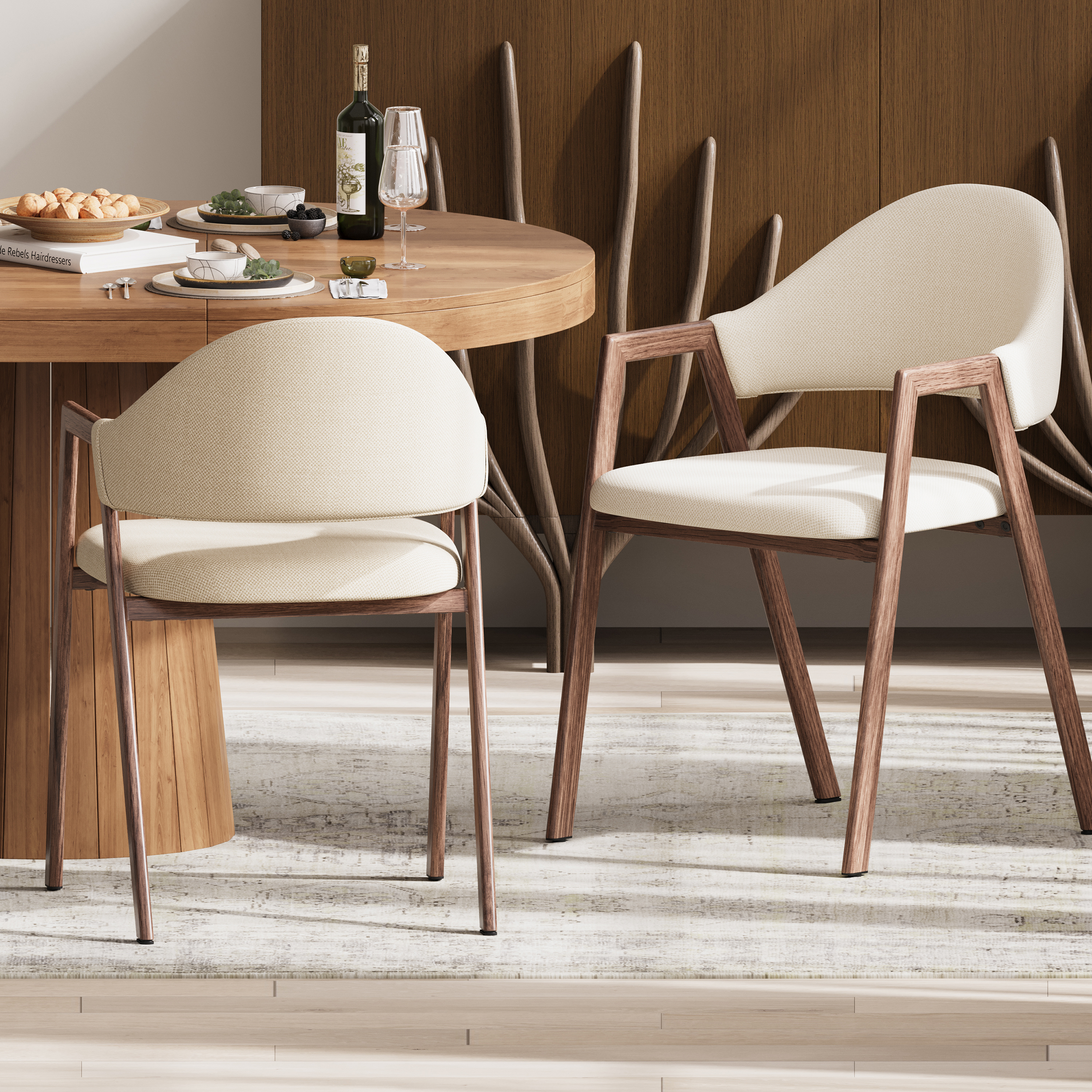 Silla de comedor tapizada en lino blanco cálido con respaldo curvo, juego de 2