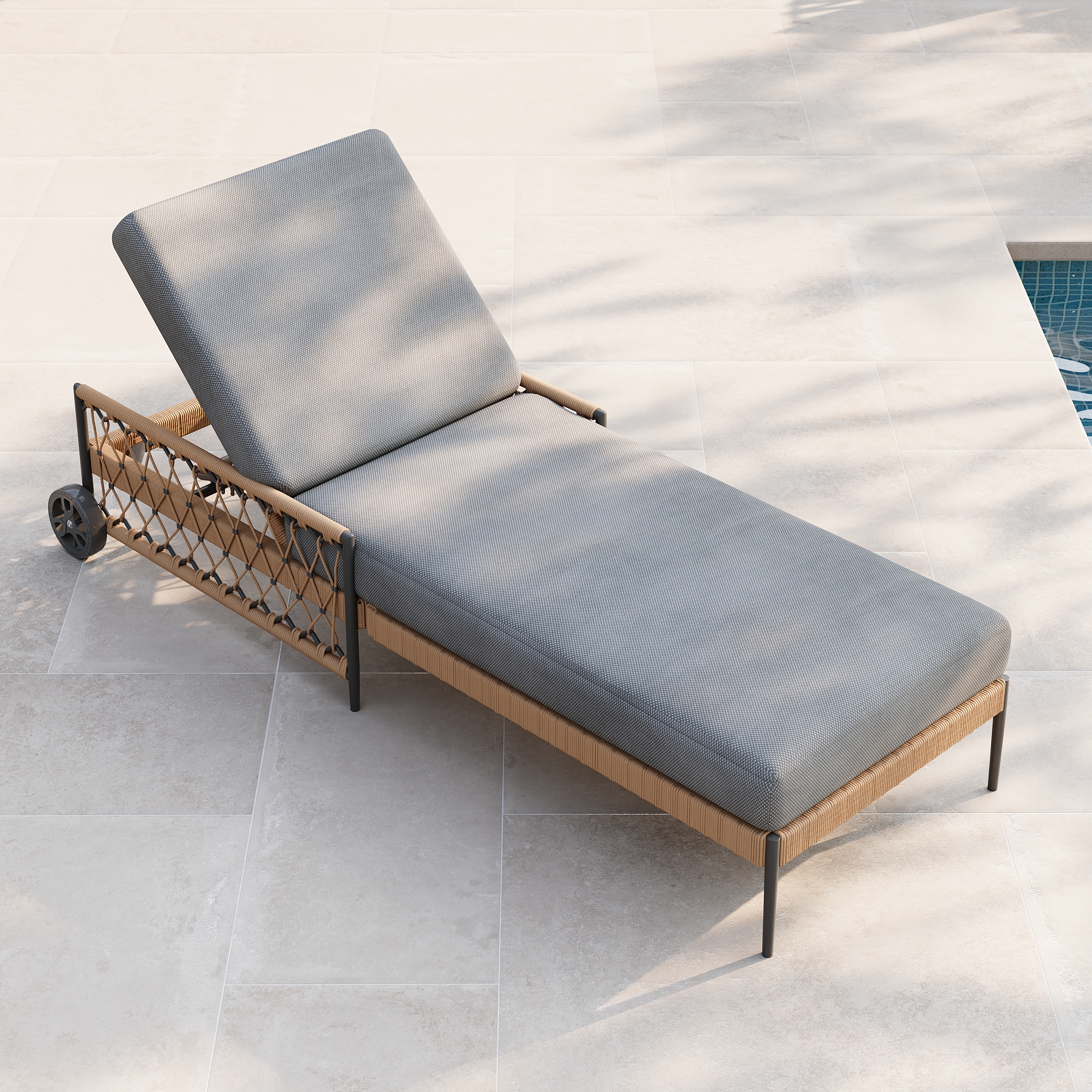 Silla de salón Ropipe para exteriores tejida con cuerda, con respaldo ajustable y ruedas, en gris oscuro