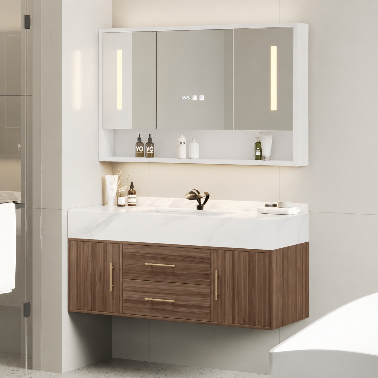 Meuble-lavabo de salle de bain en noyer de 100 cm et ensemble d'armoires de miroir LED