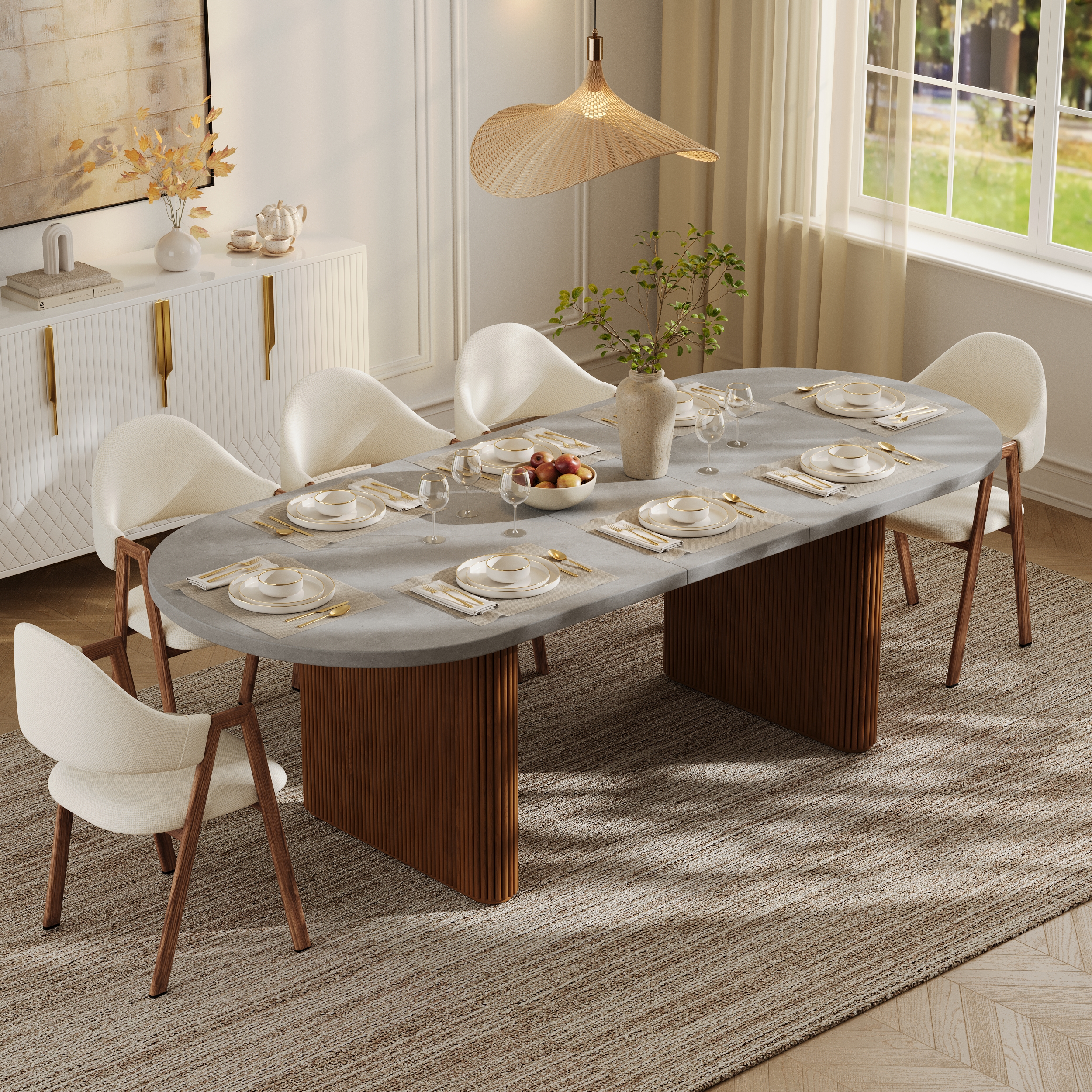 Mesa de comedor extensible ovalada Japandi de 200 cm a 240 cm con ala de mariposa, capacidad para 6-8 personas