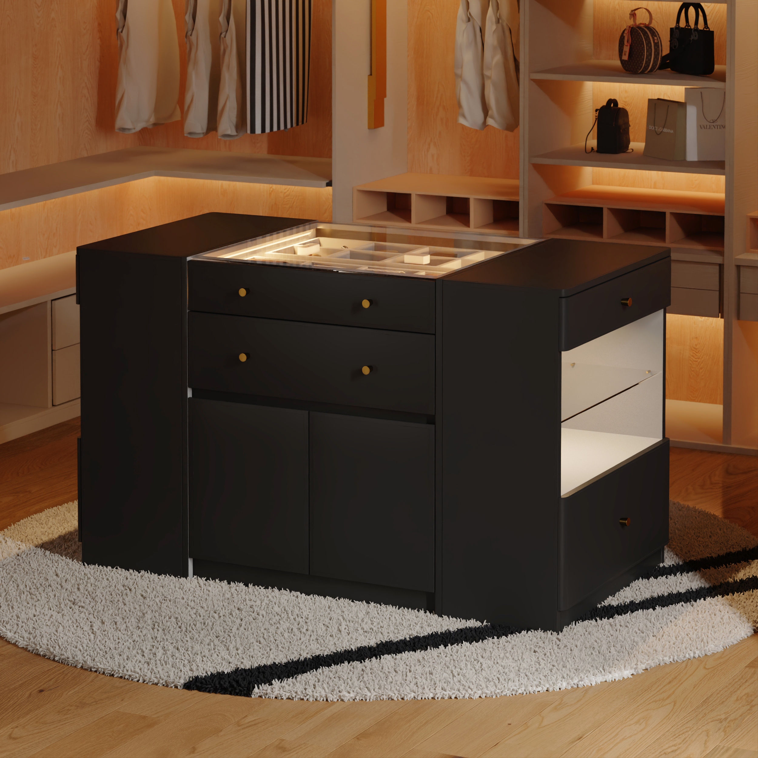 Selvo Saddle Leather Closet Island with Glass Top & Light