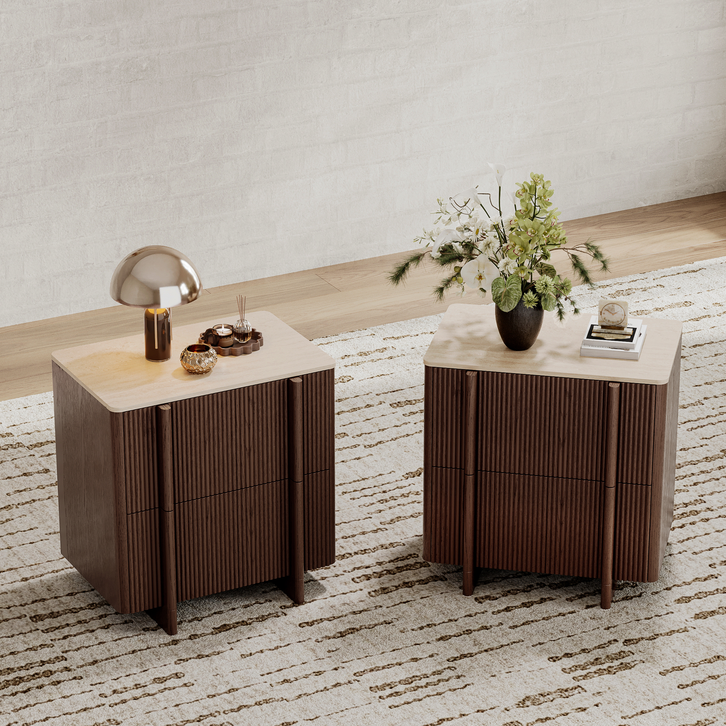 Lineva 24" 2-Drawer Nightstand with Faux Travertine Stone Top, Set of 2