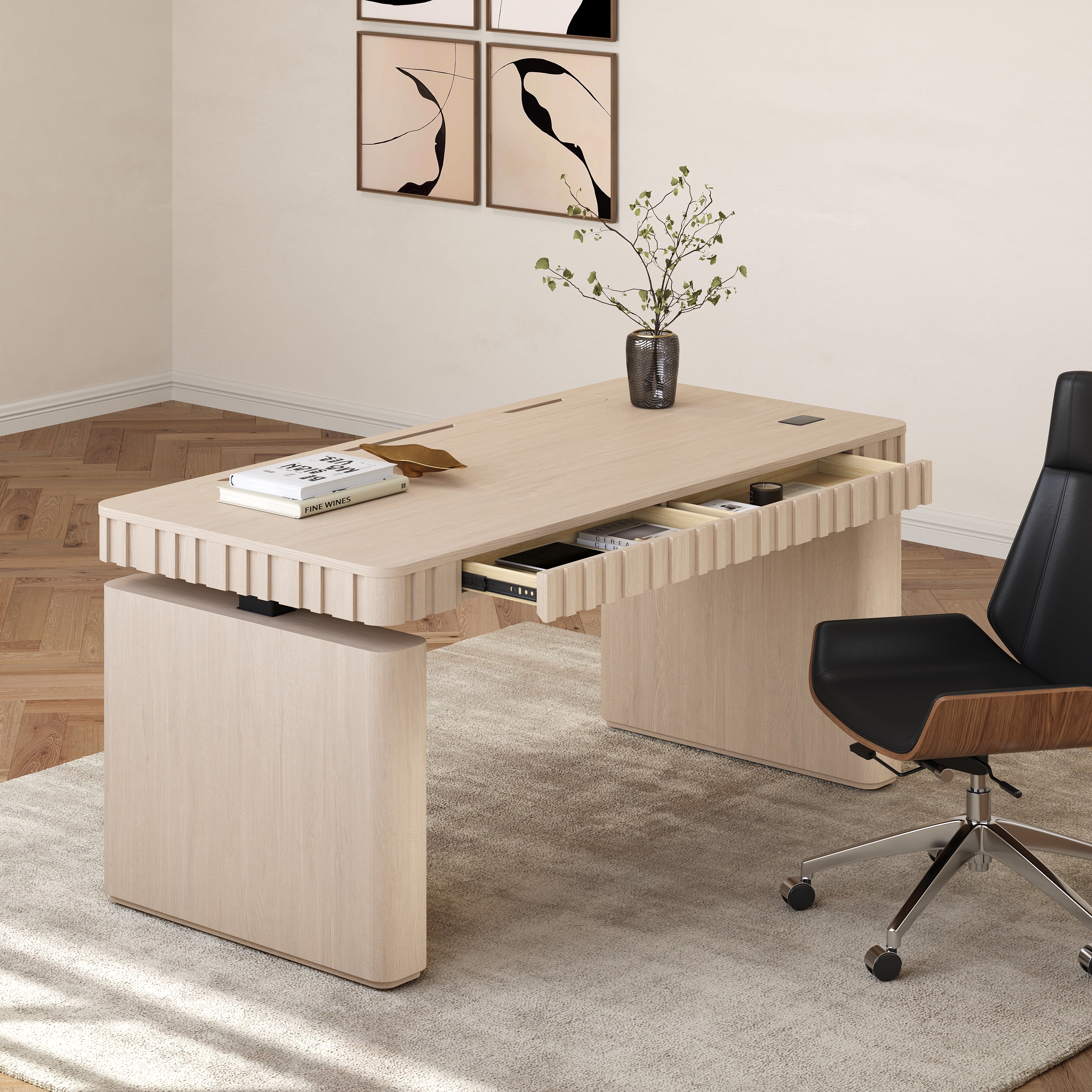 Escritorio elevable eléctrico de pie Aura de 160 cm con diseño acanalado en color blanco lavado