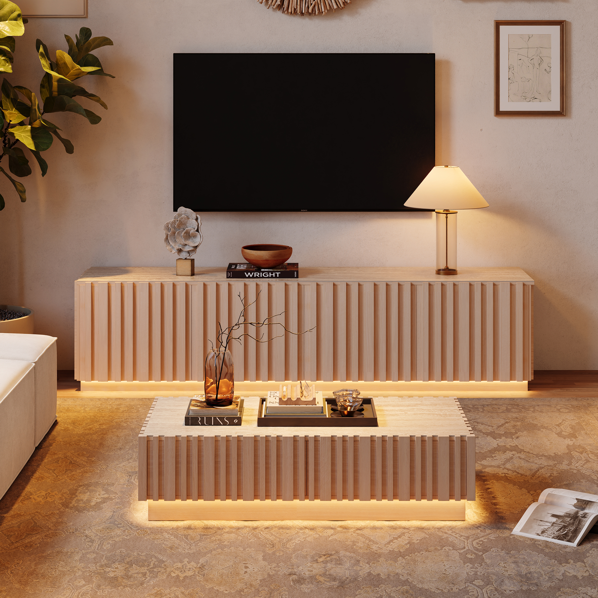 Conjunto de mueble de TV Aura de madera de fresno con lamas y mesa de centro con tapa de piedra sinterizada