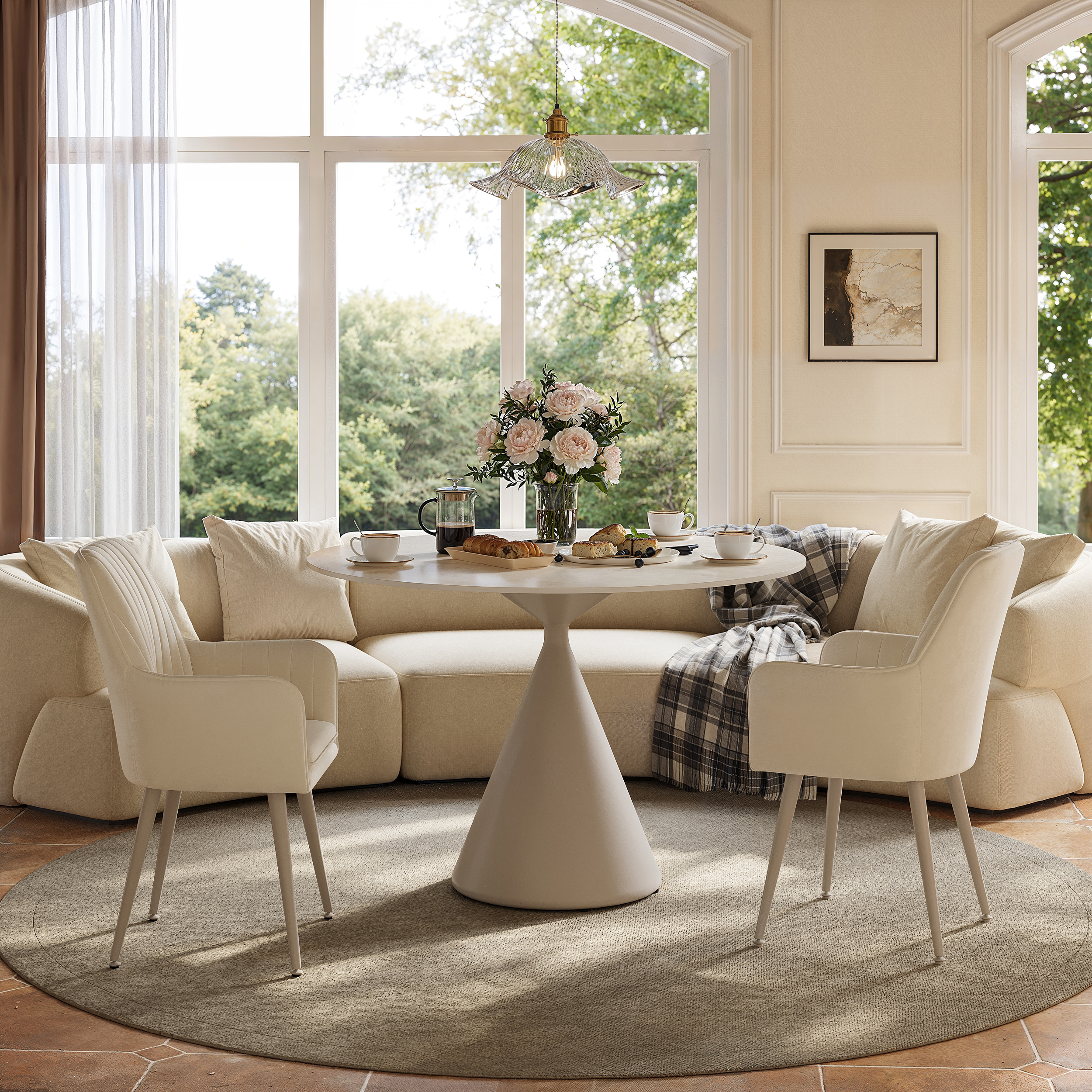 Table à manger ronde de 100 cm en pierre frittée travertin mat avec base piédestal en métal