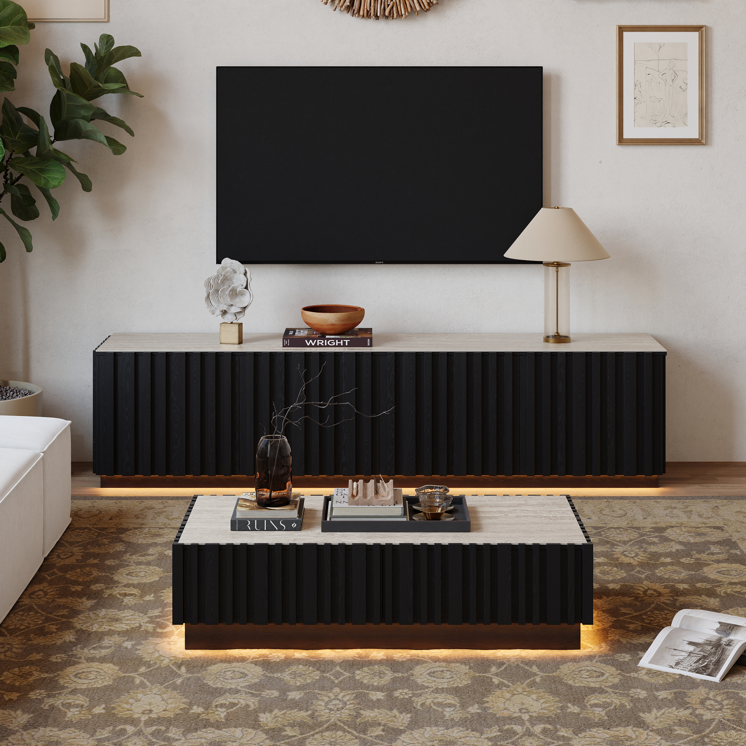 Conjunto de mueble de TV Aura de madera de fresno con lamas y mesa de centro con tapa de piedra sinterizada