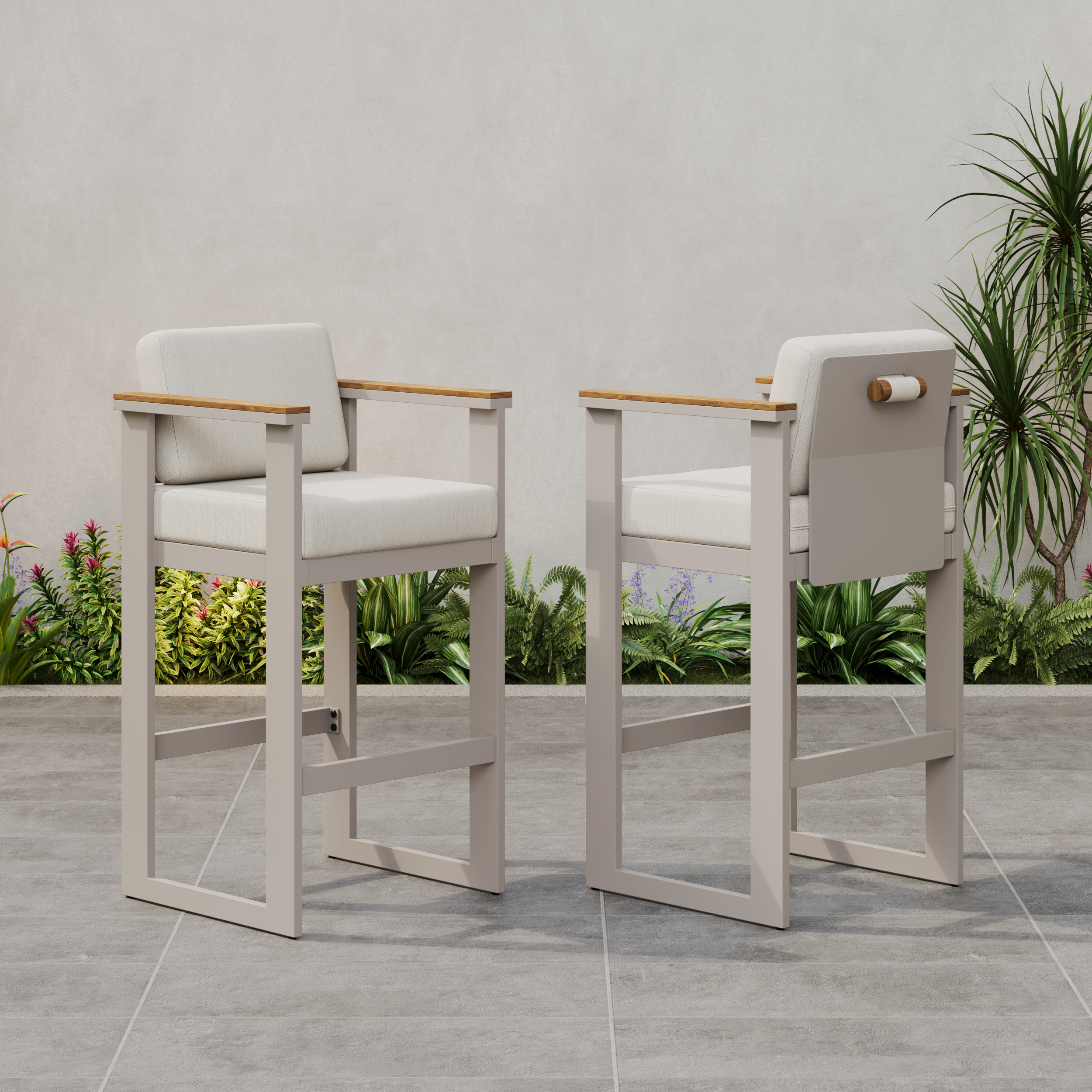 Tevara Outdoor-Barhocker mit Aluminiumrahmen und Teakholzarmlehnen in Sand, 2er-Set