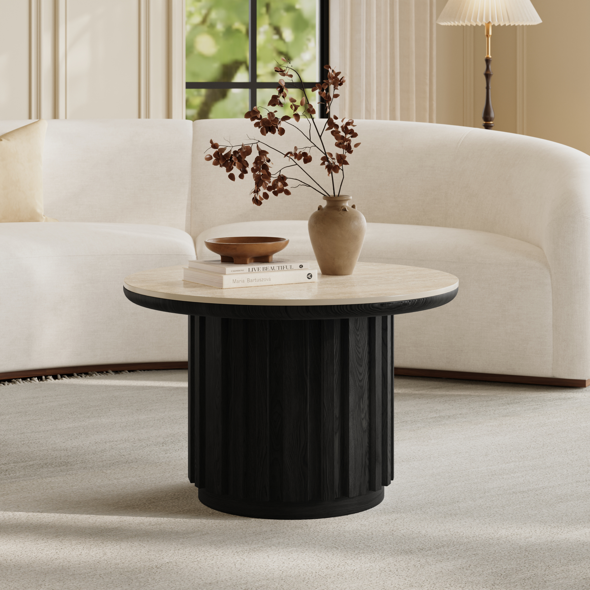 Aura Ash Wood Slatted Round Coffee Table with Sintered Stone Top