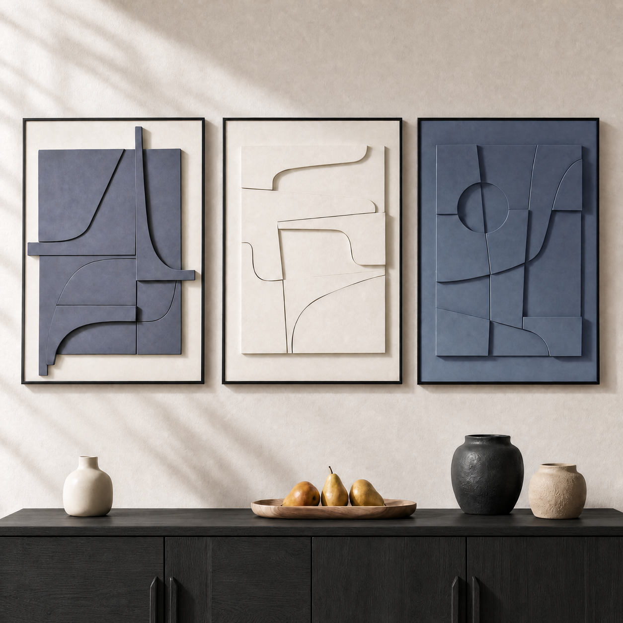 3-teiliges 3D-texturiertes abstraktes Wandkunst-Set mit Legierungsrahmen, 70 cm hoch