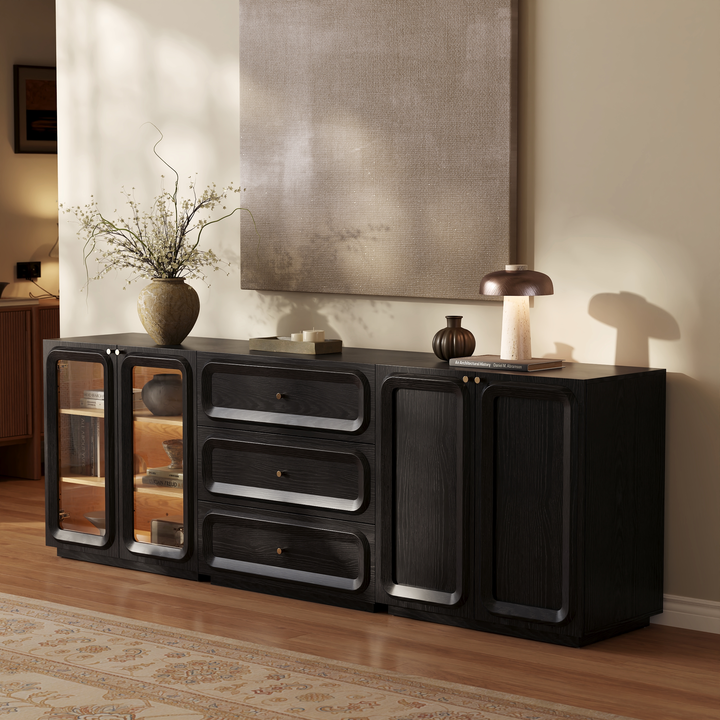 Soporte de TV de 94" con gabinete de cómoda con almacenamiento y LED