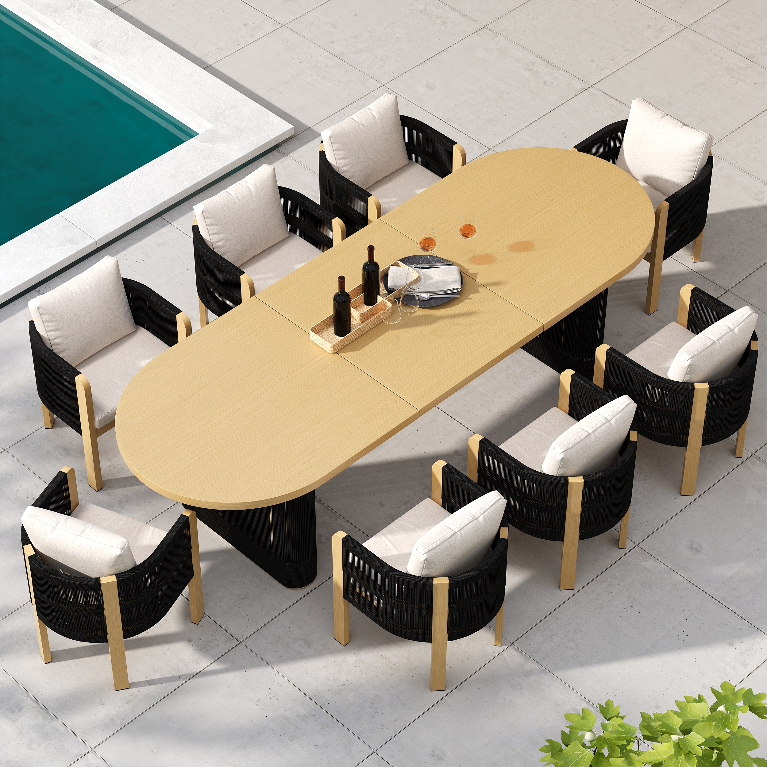 Costra 9-Piece Outdoor Rope & Aluminium Extendable Dining Set with 8 Chairs in Black